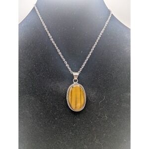 TIGER EYE Oval Pendant Necklace Womens Silver Tone 11.58g 18in Boho